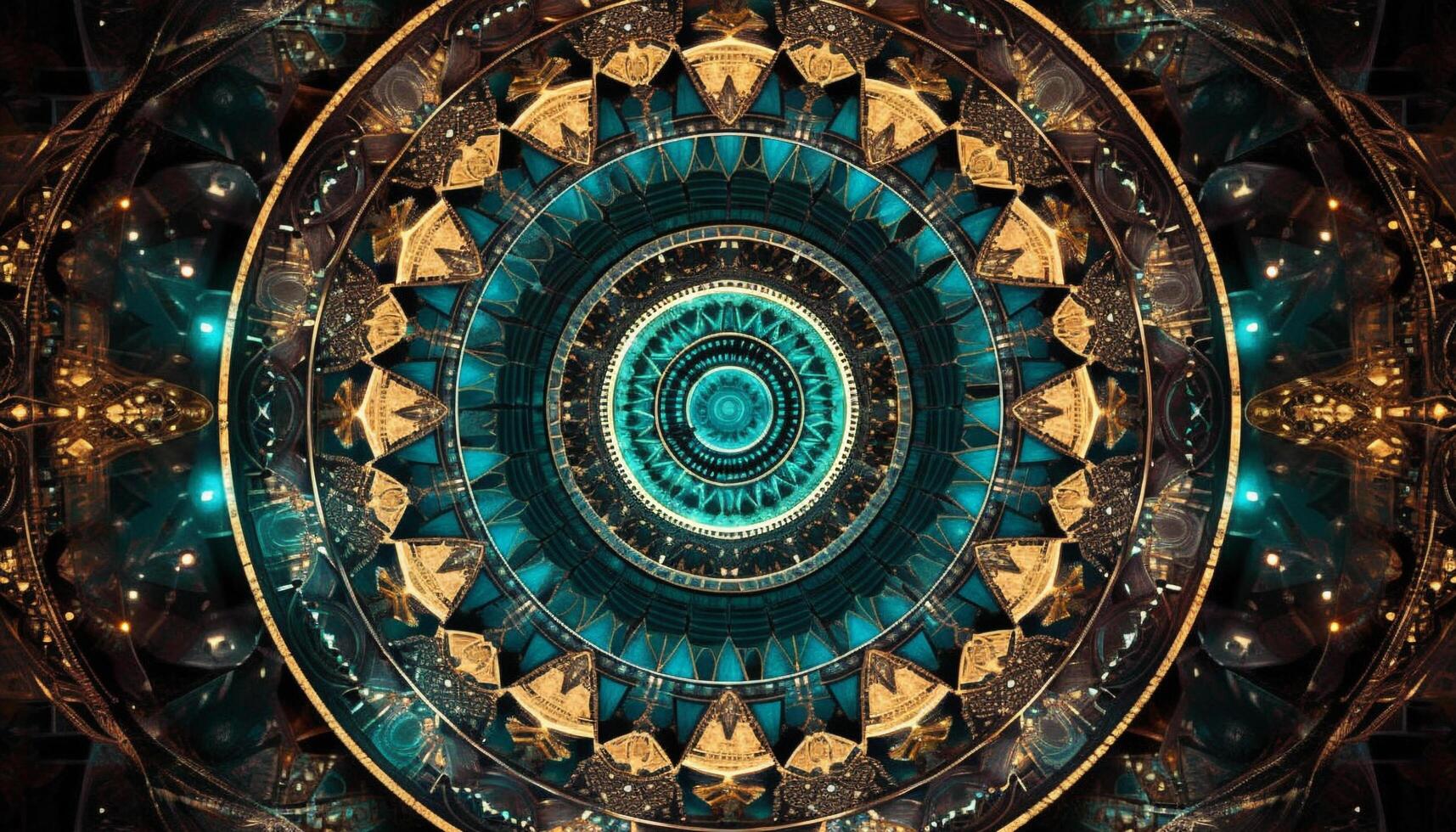 Vibrant colors illuminate dark spirituality in modern mandala wallpaper generated by AI photo