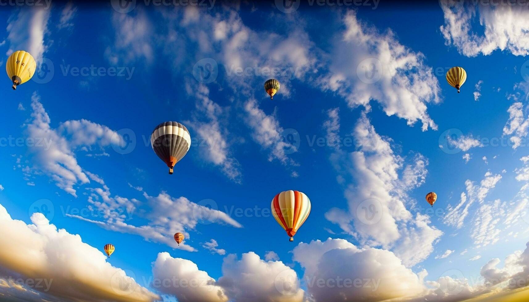 Multi colored hot air balloon flying mid air over vibrant landscape generated by AI photo