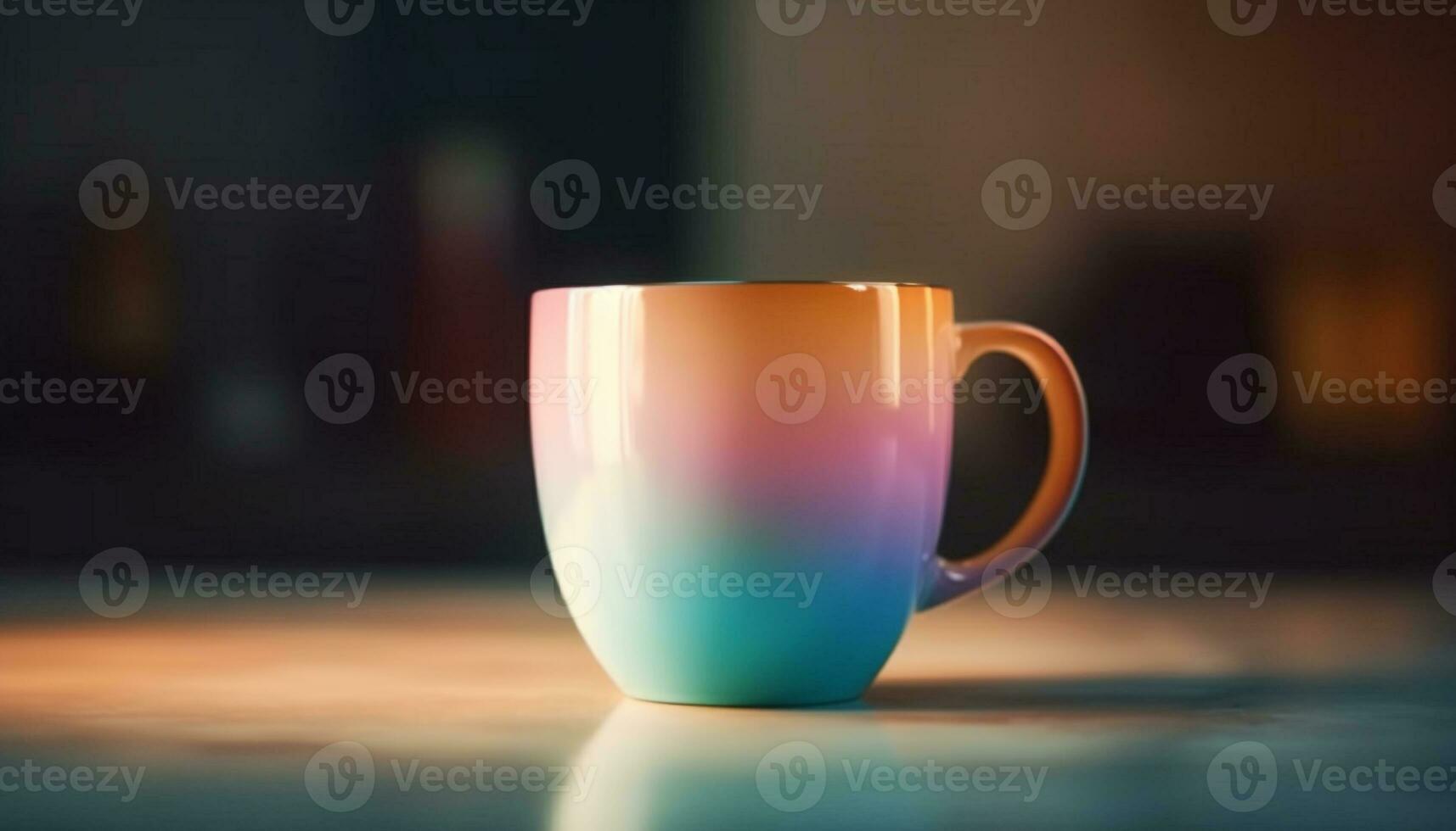 Hot coffee mug on wooden table in defocused coffee shop generated by AI photo