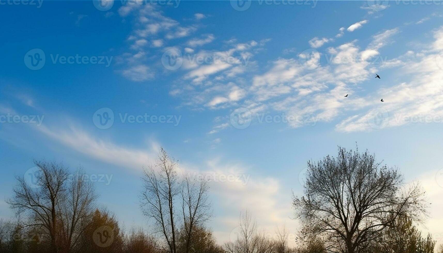 Flying airplane in clear sky over winter forest landscape scenery generated by AI photo
