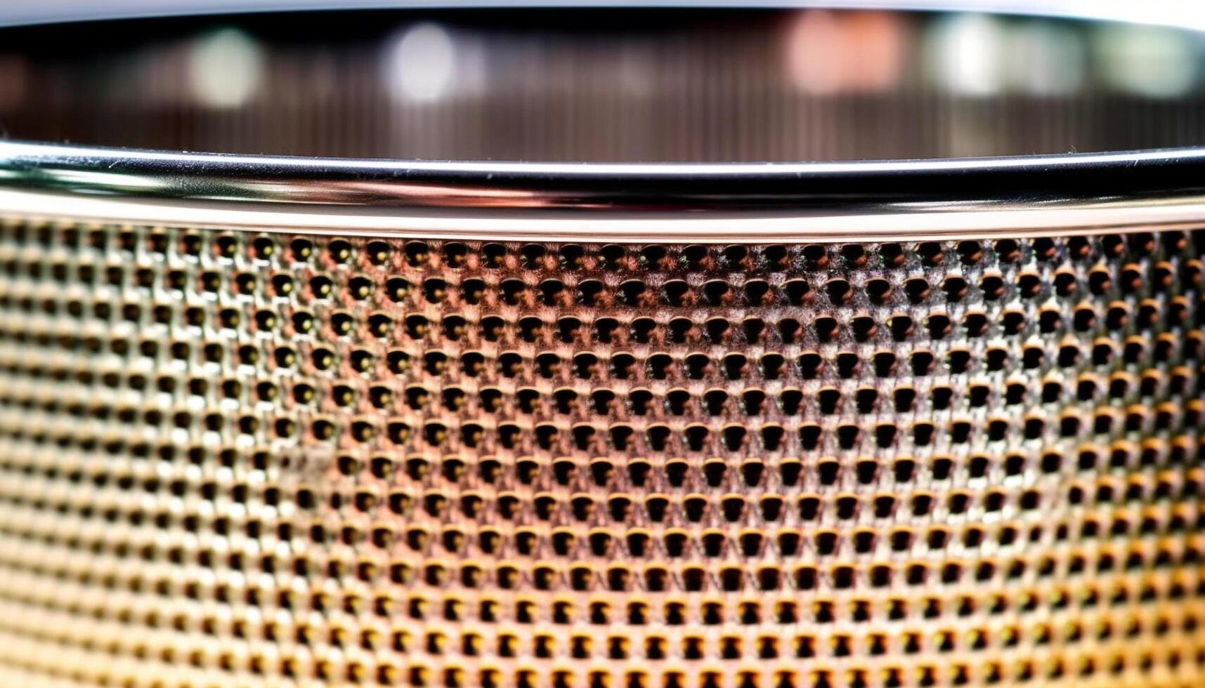 Shiny metallic circle reflects wet silver cylinder in extreme close up generated by AI photo