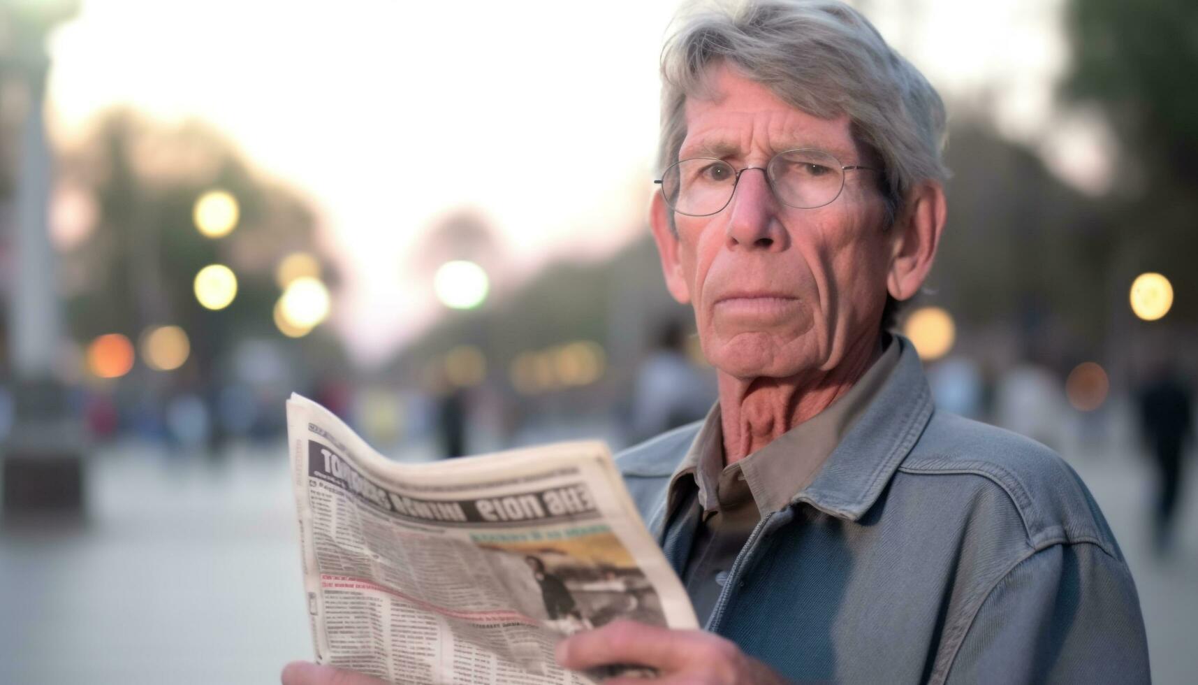 Senior man reading newspaper outdoors, wearing eyeglasses and smiling generated by AI photo
