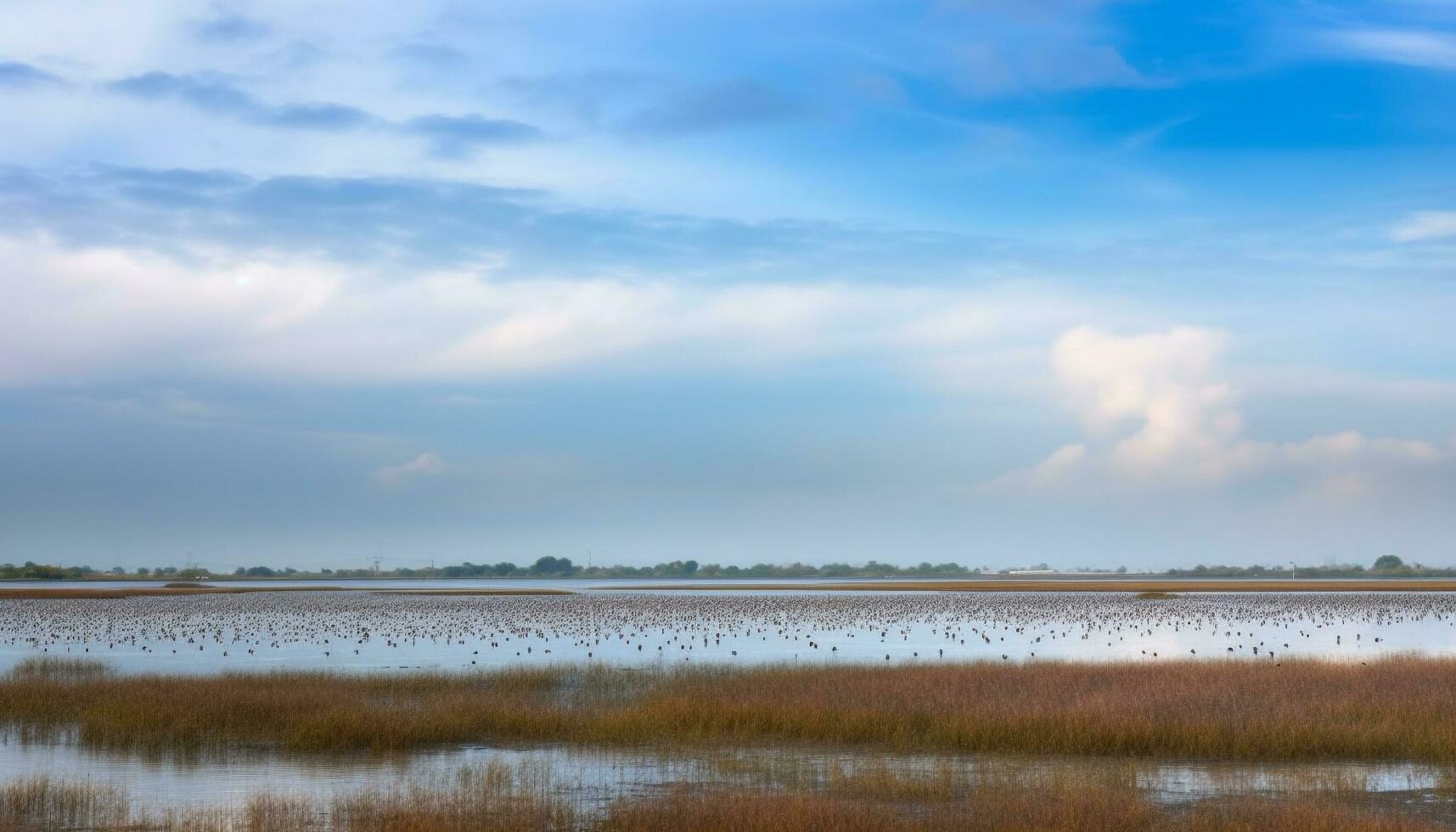 Tranquil scene of a rural landscape with reflection in pond generated by AI photo