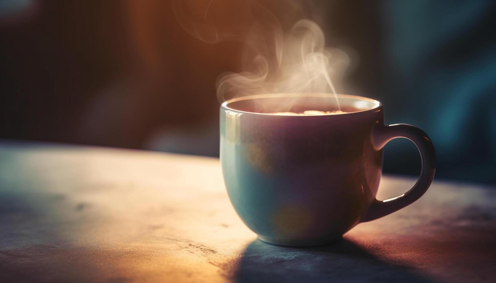 Hot coffee steams on wooden table in cozy domestic room generated by AI photo