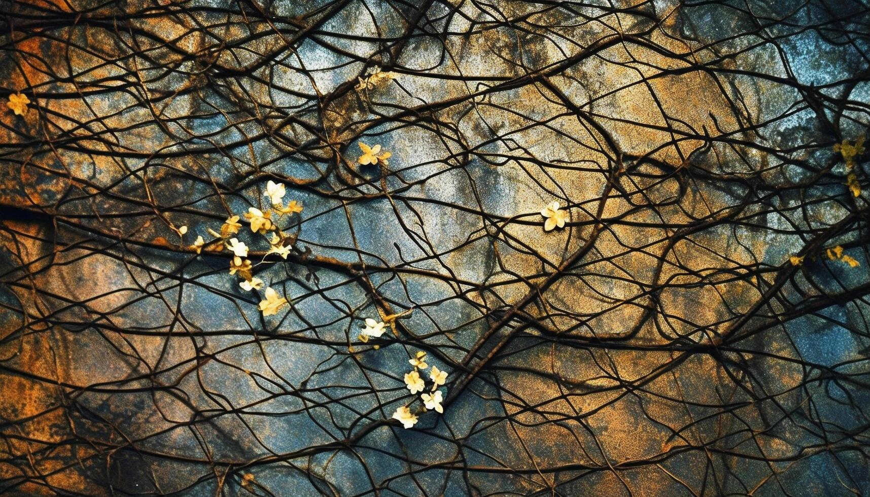 Autumn tree branch with yellow leaves against blue sky backdrop generated by AI photo