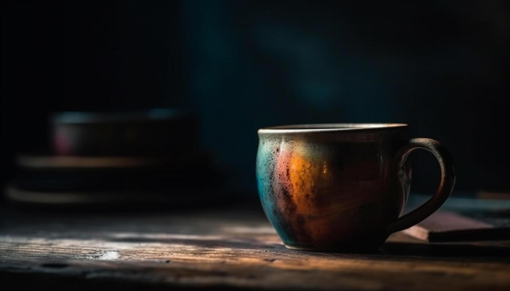 Freshly brewed coffee in rustic mug on wooden desk indoors generated by AI photo