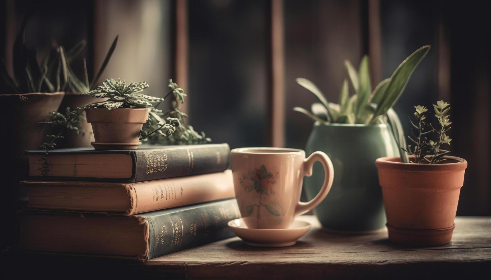 verde crecimiento en rústico estante, ventana vista, café calor generado por ai foto