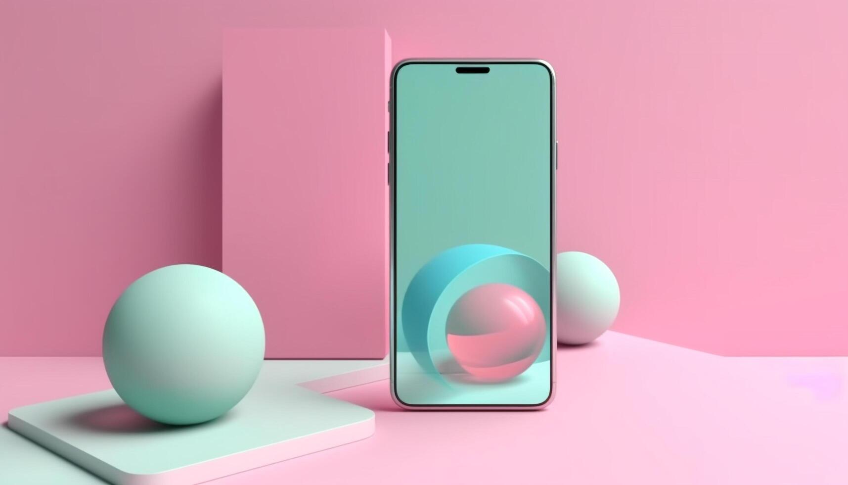 Modern technology design Pink smart phone on abstract blue backdrop generated by AI photo