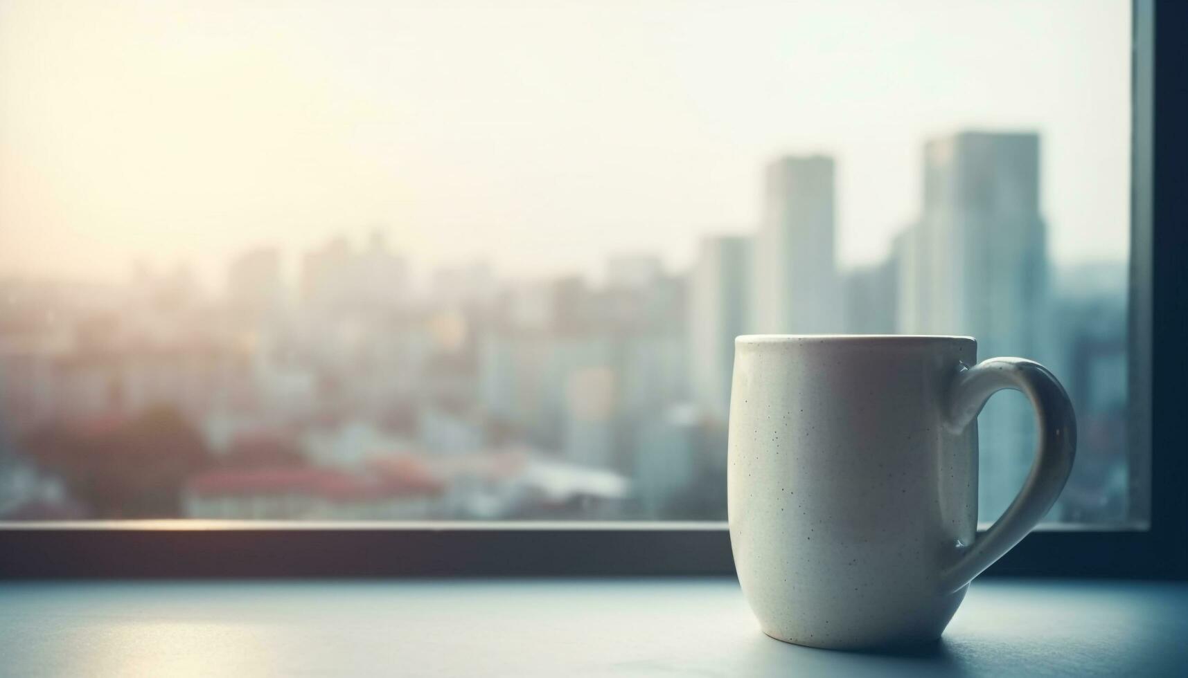 Coffee cup on wooden desk in modern city skyscraper office generated by AI photo