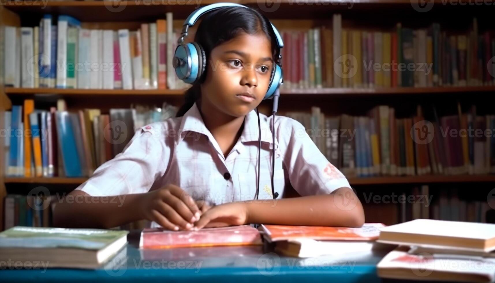 Cute schoolboy smiling, studying literature, listening with headphones indoors generated by AI photo