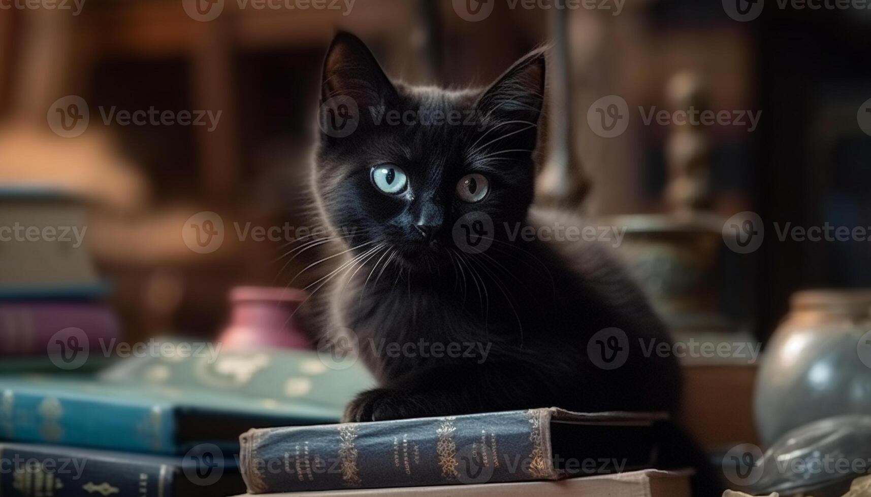 Cute kitten sitting on table, reading book about domestic animals generated by AI photo