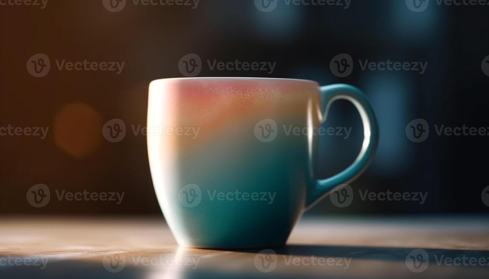 Foreground focus on rustic coffee cup, saucer, and cappuccino generated by AI photo