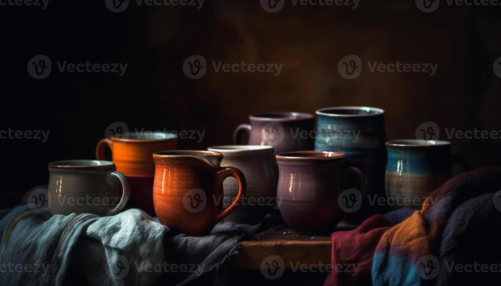 Rustic coffee mug on wooden table in cozy domestic room generated by AI photo