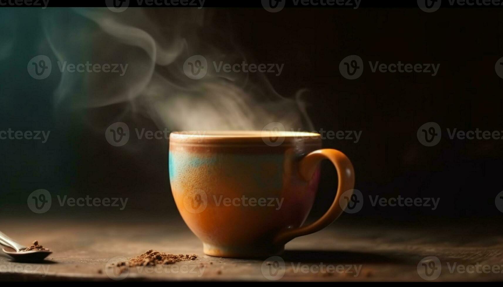 Hot coffee steams on rustic wood table, a caffeine addiction generated by AI photo