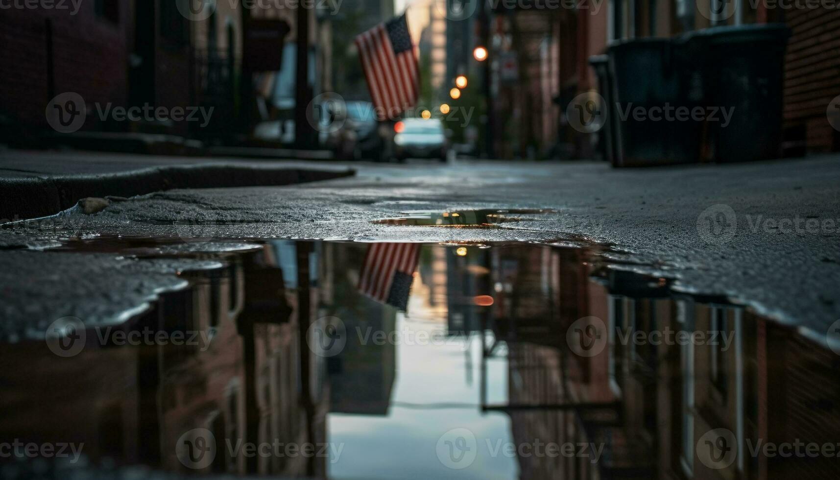 Raindrops blur city lights, reflecting old architecture in wet streets generated by AI photo