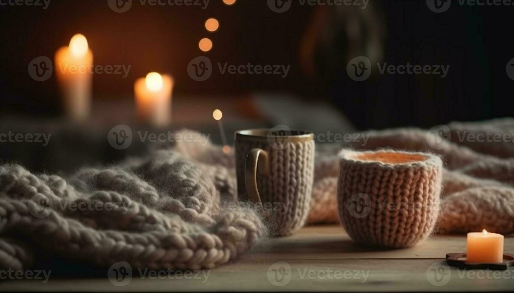 The cozy winter night was illuminated by candlelight and lanterns generated by AI photo