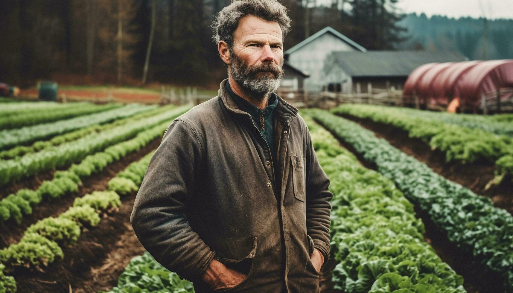 One mature farmer, smiling, holding fresh vegetables, working outdoors generated by AI photo