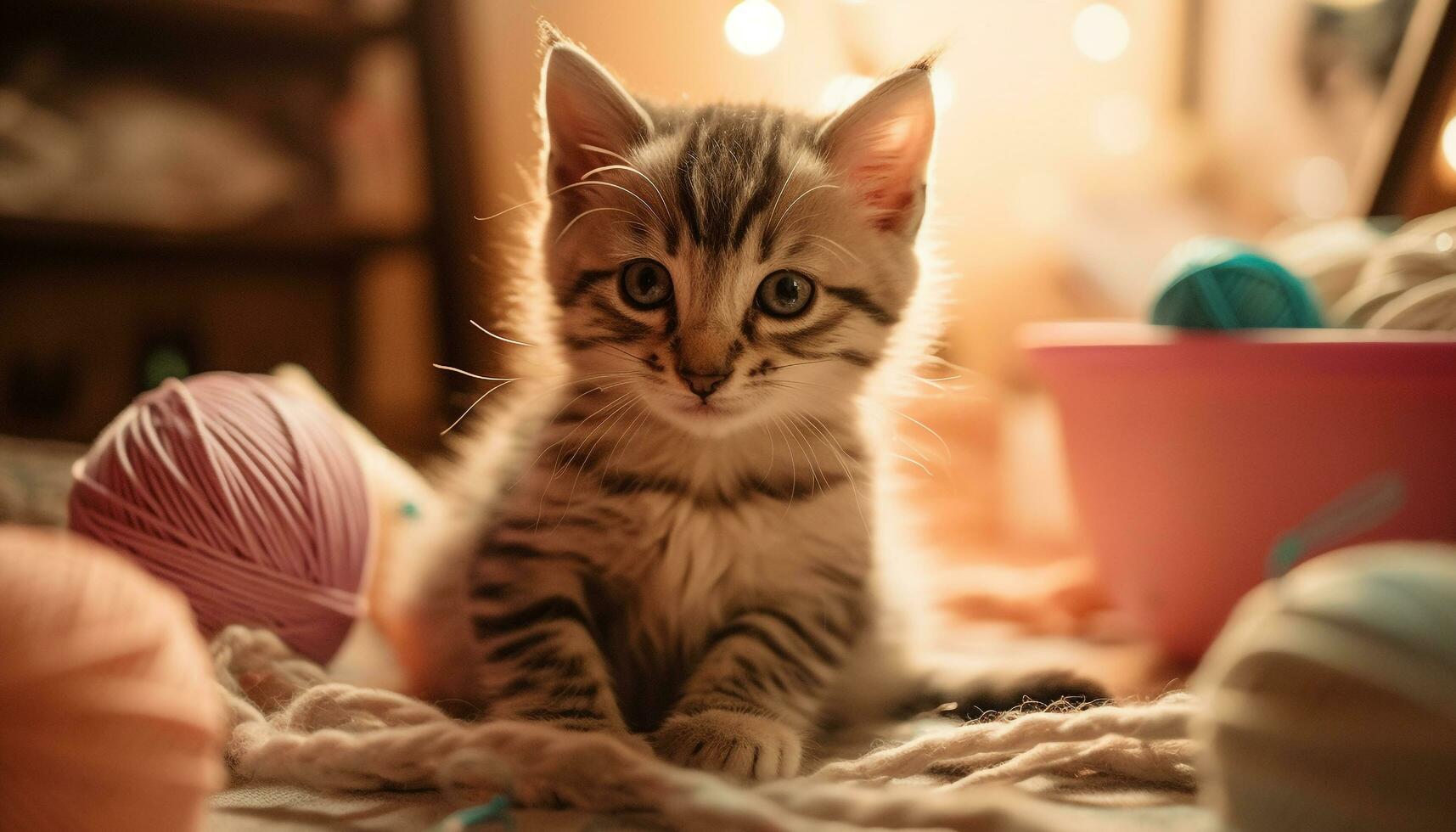 A playful, fluffy kitten playing with a yellow toy indoors generated by AI photo