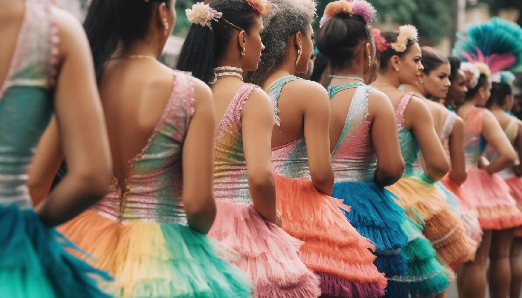 Cheerful women in multi colored traditional clothing dance at cultural festival generated by AI photo