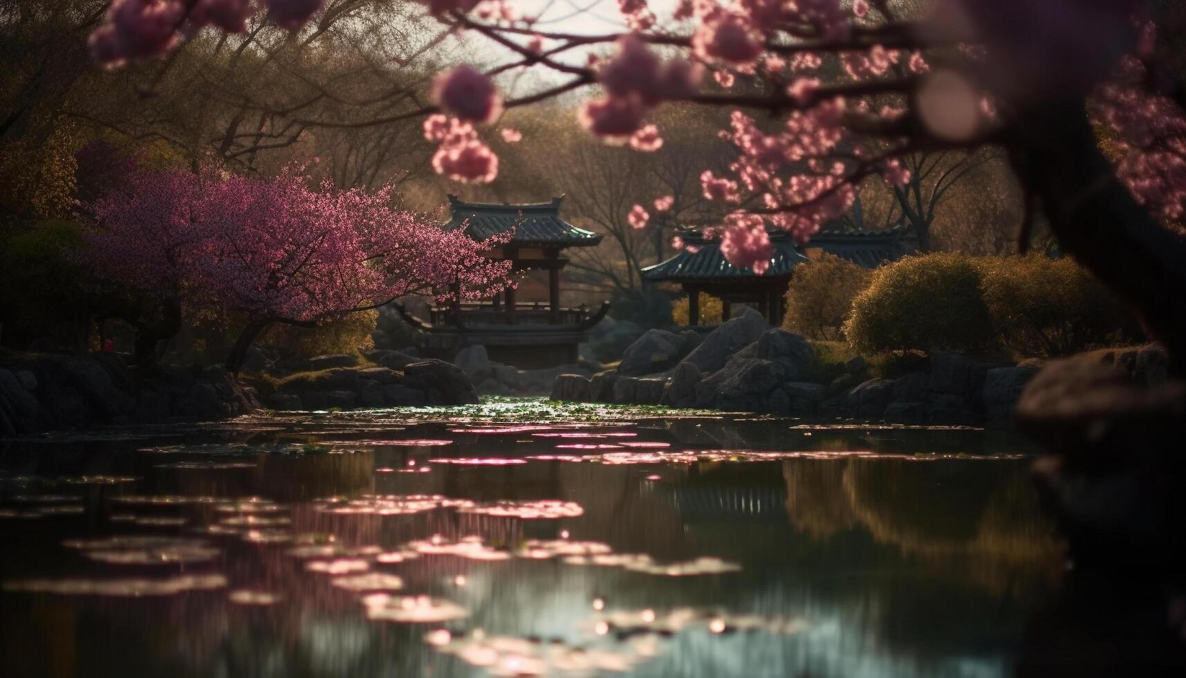 Cereza florecer árbol refleja en tranquilo estanque, japonés cultura belleza generado por ai foto