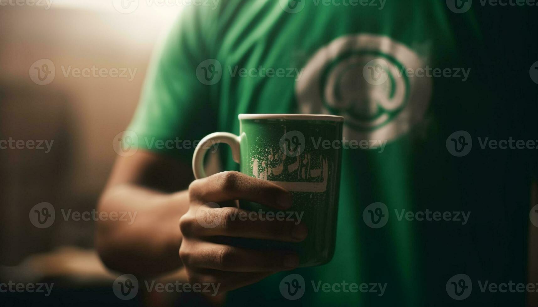 One man holding hot coffee mug, enjoying relaxation indoors generated by AI photo