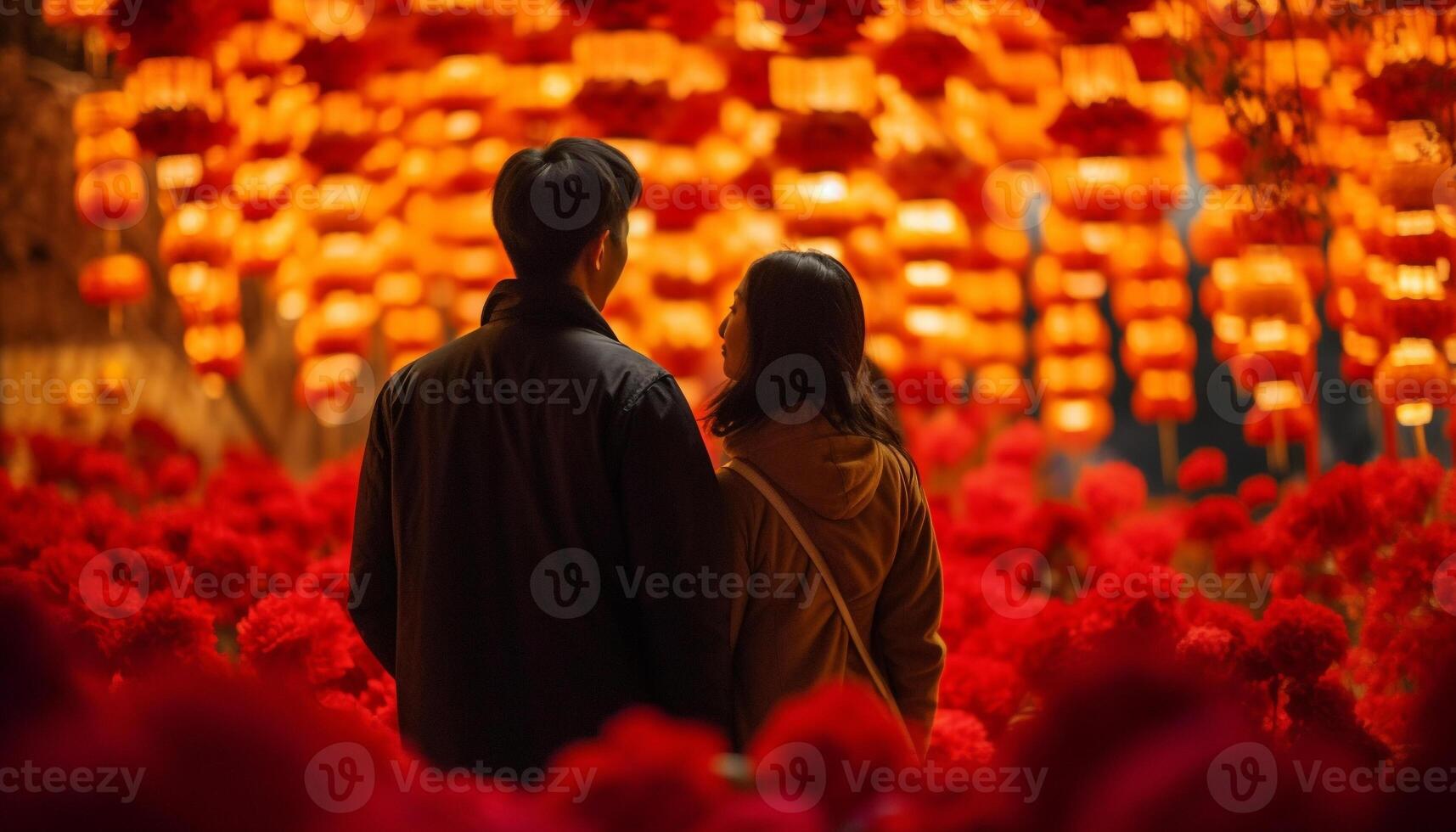 un joven Pareja abrazando debajo iluminado noche cielo, celebrando amor generado por ai foto