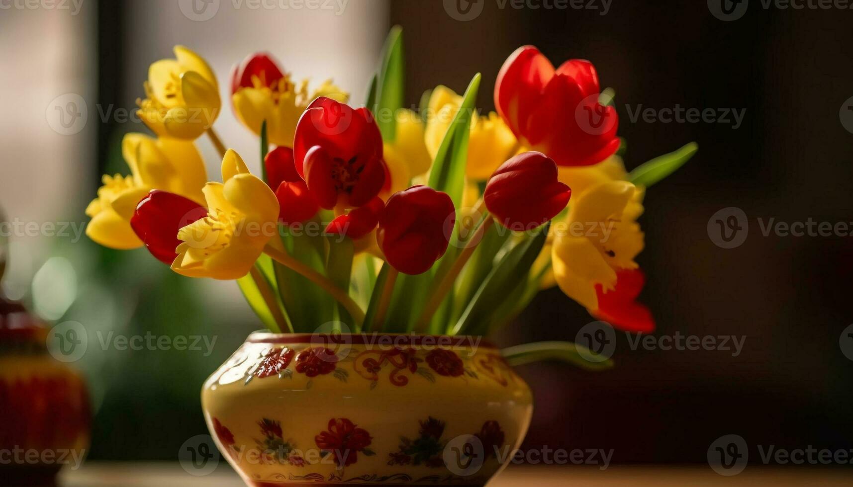 A vibrant bouquet of multi colored tulips brings springtime indoors generated by AI photo