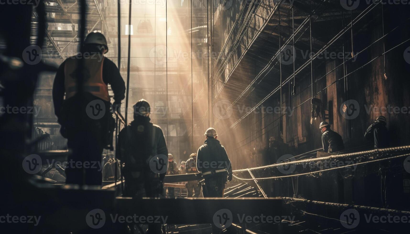 Silhouettes of construction workers walking in the back lit city generated by AI photo