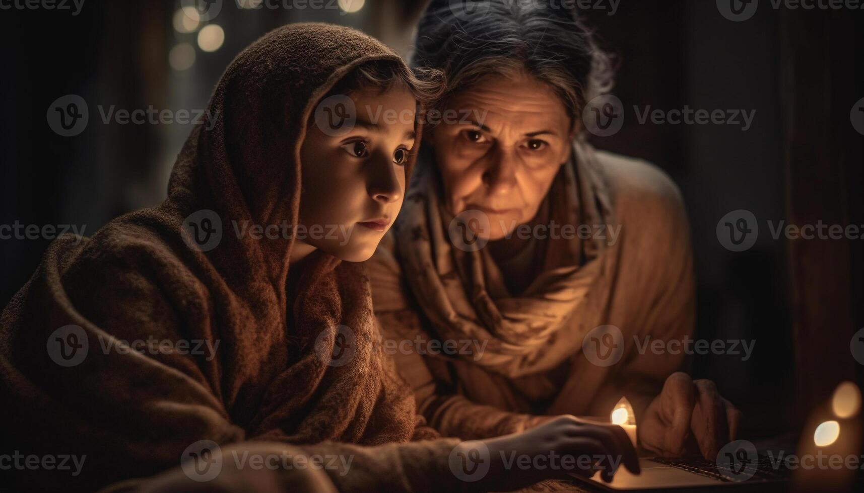 Two families bonding indoors, praying with candlelight in celebration generated by AI photo