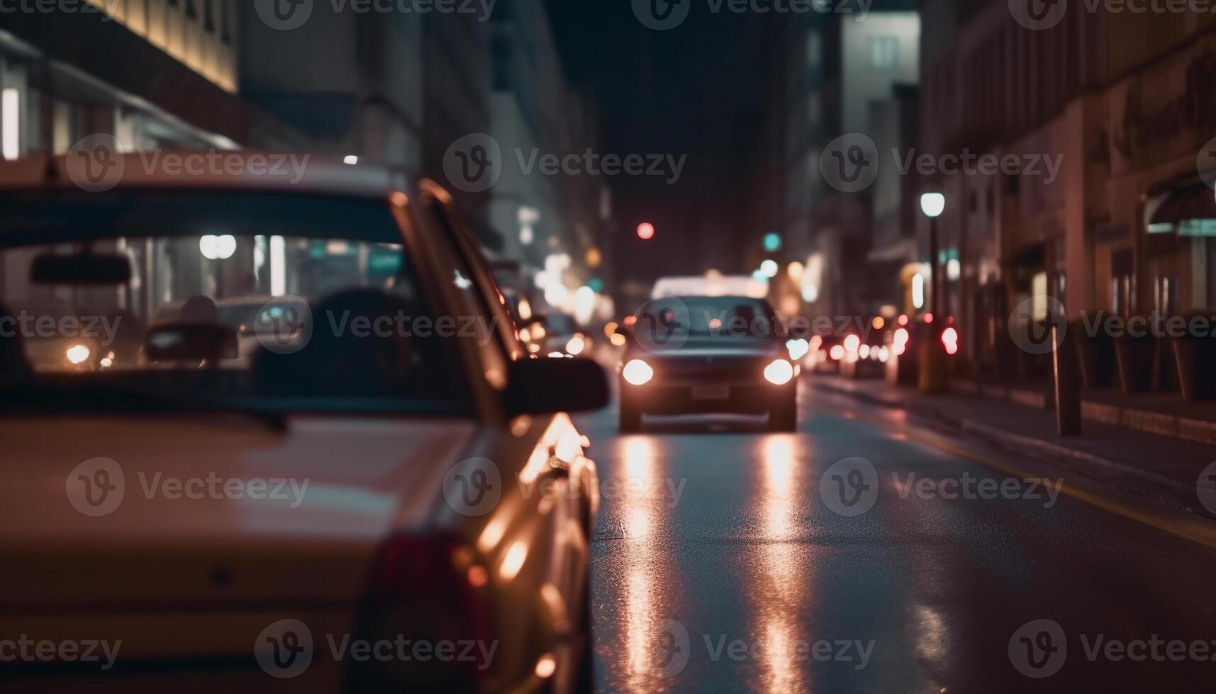 Driving through the city at night, a modern car tail light glowing generated by AI photo