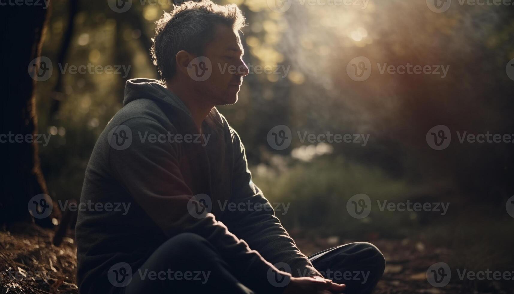 One young adult man sitting in forest, enjoying solitude and relaxation generated by AI photo