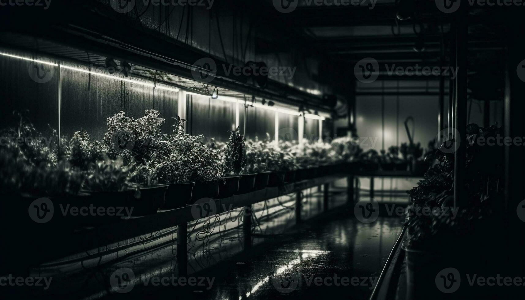 Organic agriculture thrives in the illuminated greenhouse at night generated by AI photo