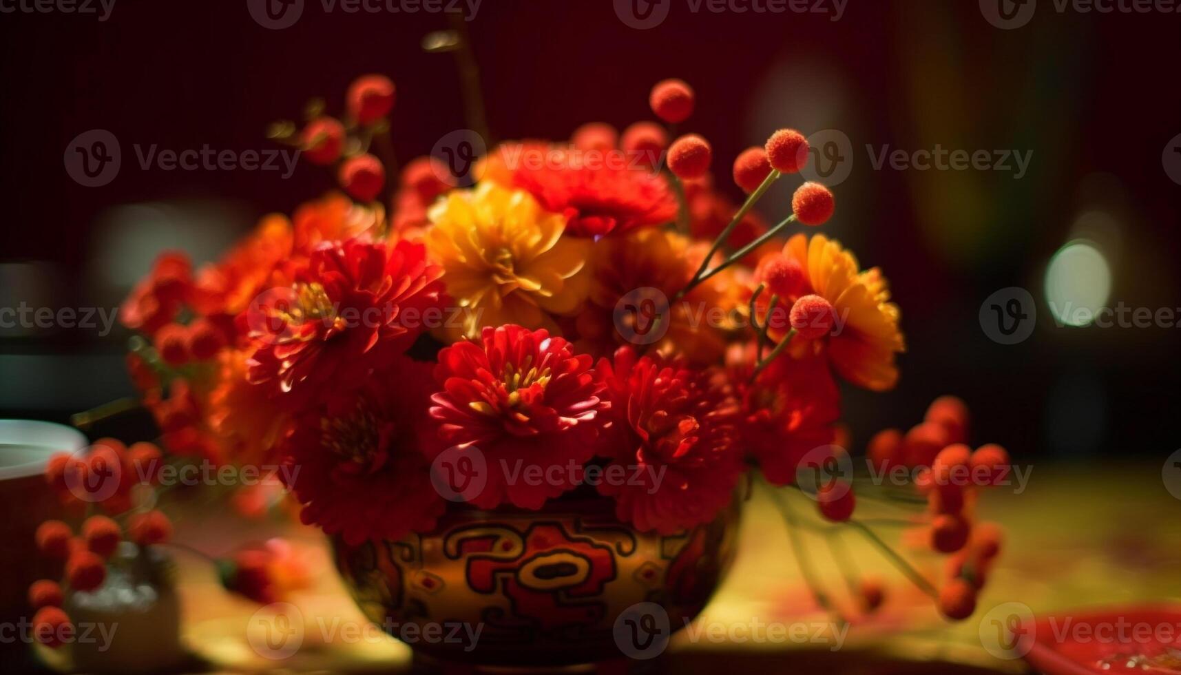 A vibrant bouquet of multi colored flowers in a decorative vase generated by AI photo