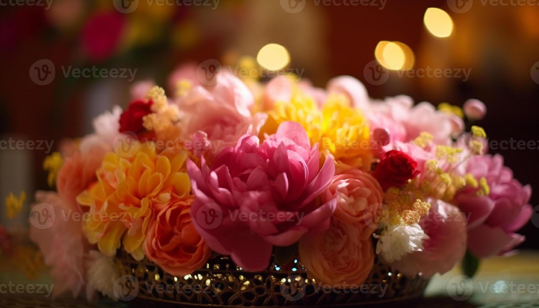 A vibrant bouquet of multi colored flowers in a pink vase generated by AI photo