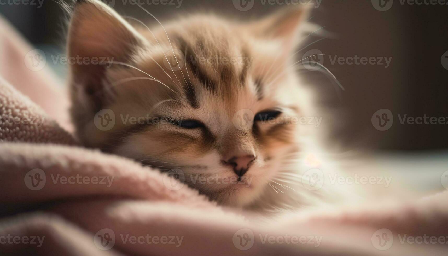 A cute, fluffy kitten with striped fur, sleeping peacefully indoors generated by AI photo