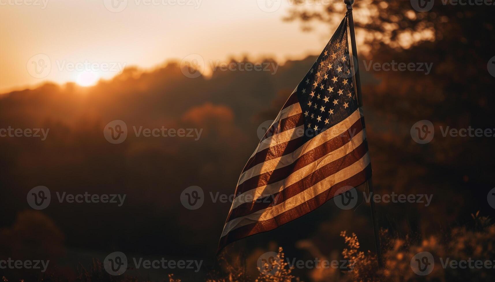 americano bandera olas en tranquilo atardecer, símbolo de libertad orgullo generado por ai foto