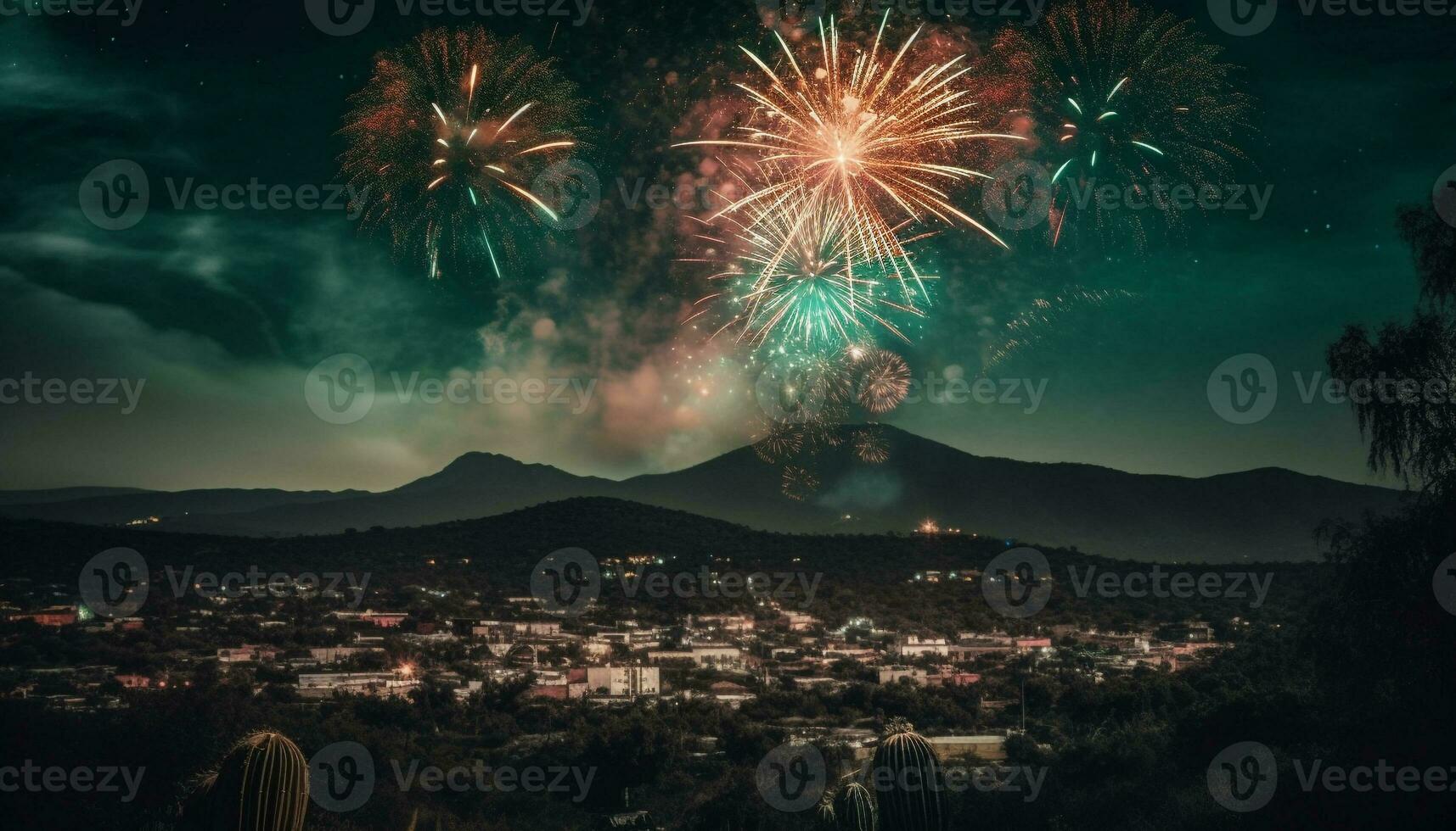 explosivo fuegos artificiales iluminar ciudad horizonte en celebracion de cuarto de julio generado por ai foto