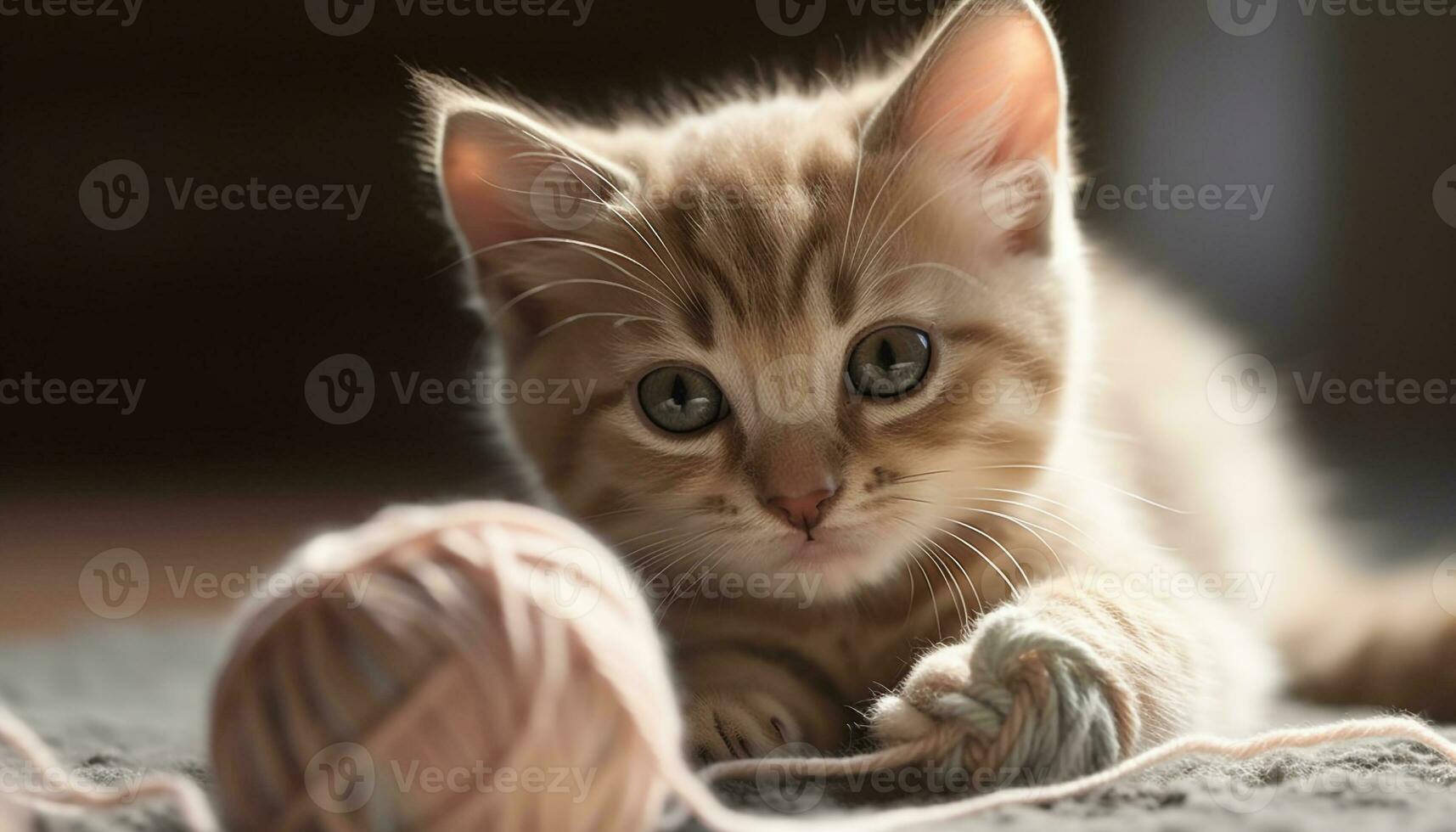 A playful, small, fluffy kitten with striped fur sits comfortably generated by AI photo
