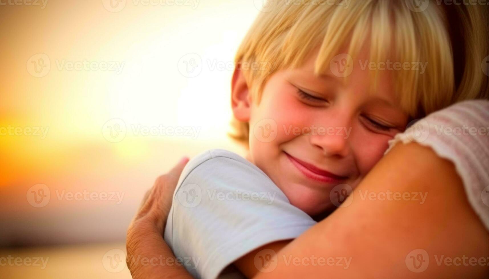 Two playful boys embrace in nature, eyes closed with joy generated by AI photo