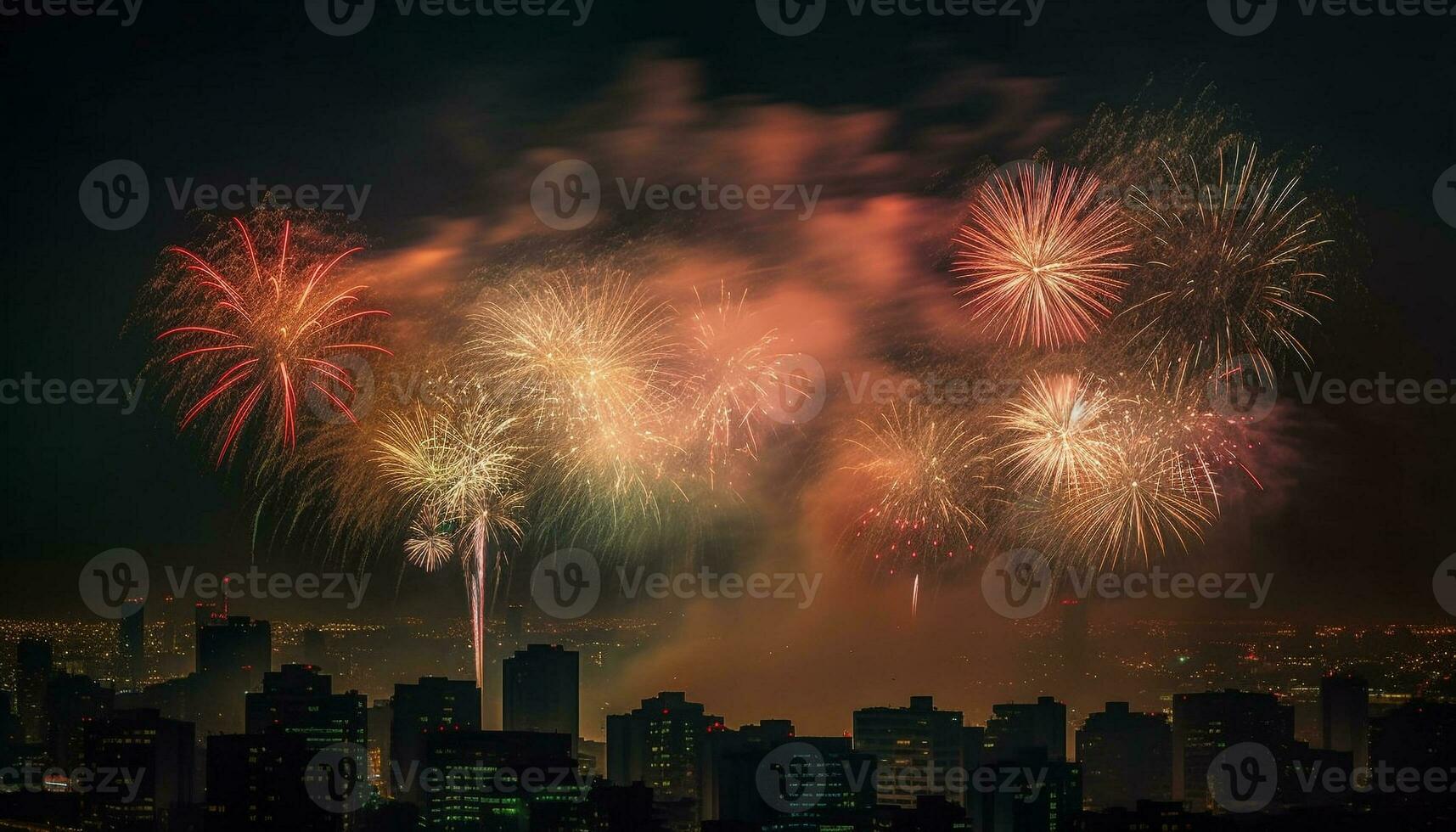 City skyline illuminated with vibrant colors during Fourth of July celebration generated by AI photo