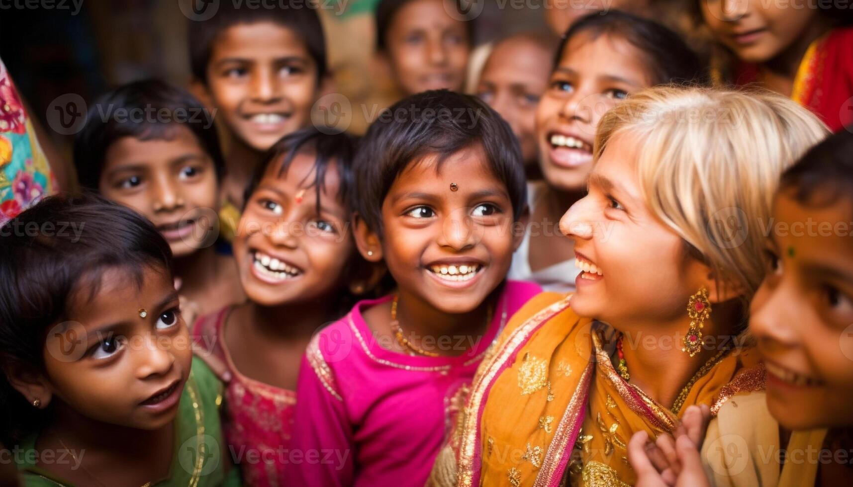 A cheerful group of Indian school children smiling for portrait generated by AI photo