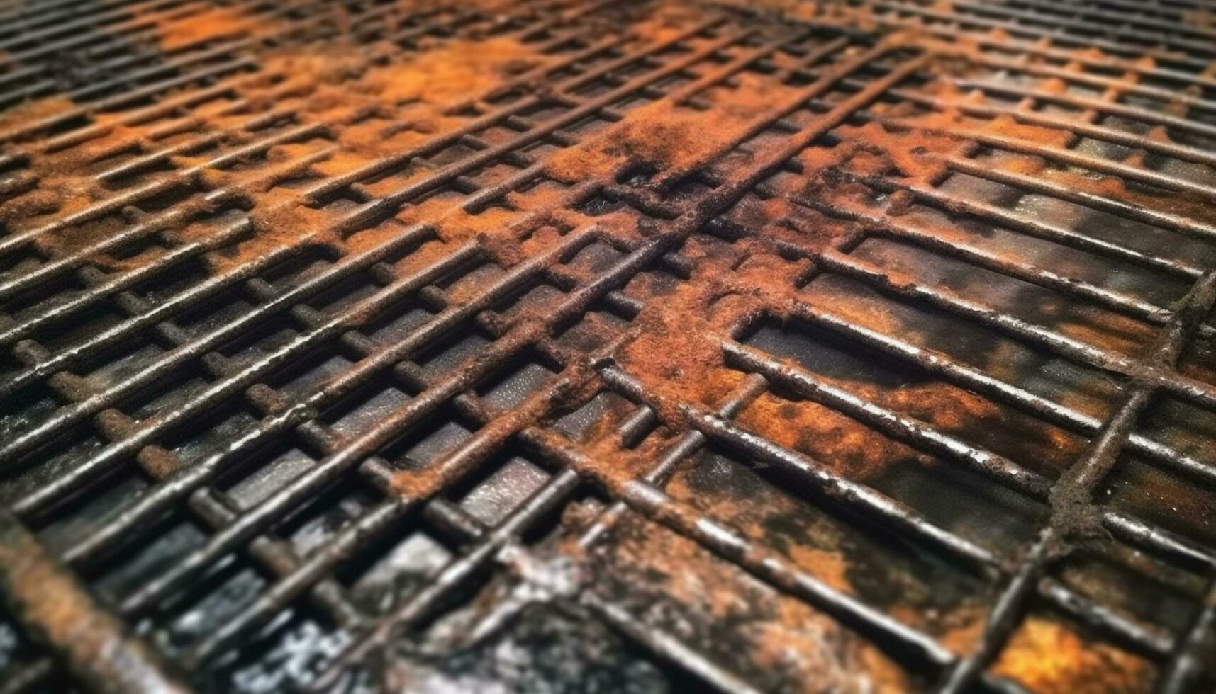 Burning coal on metal grate creates striped grid pattern outdoors generated by AI photo