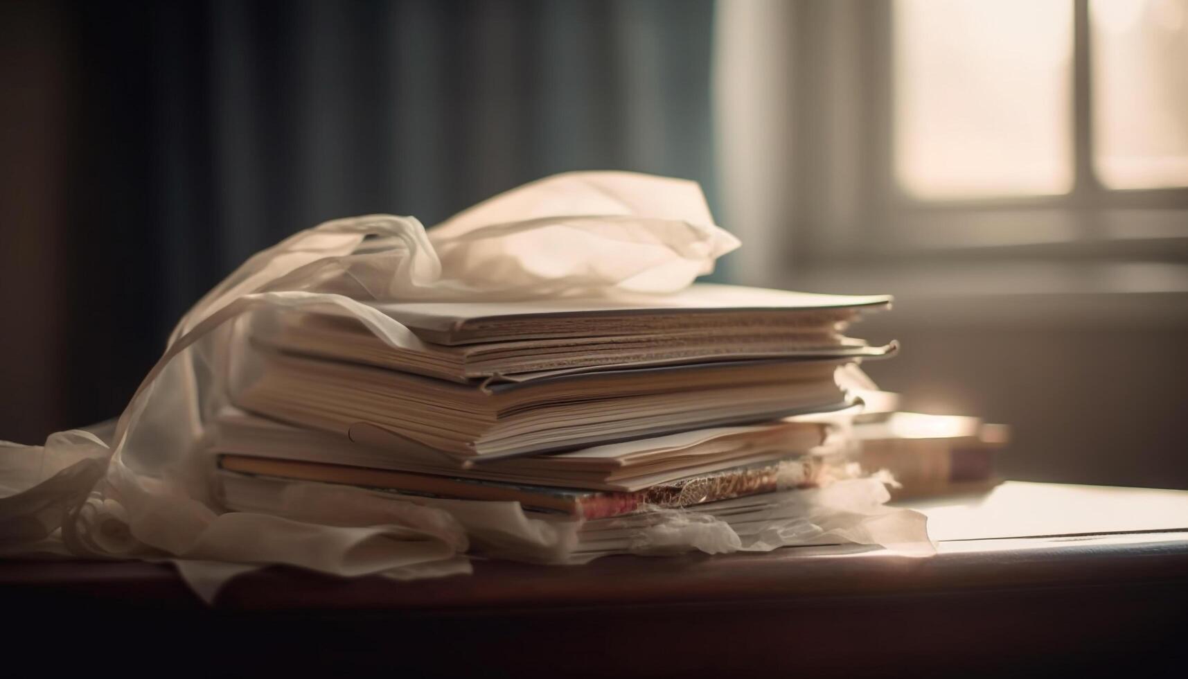 Old literature stack on desk, a messy antique collection generated by AI photo