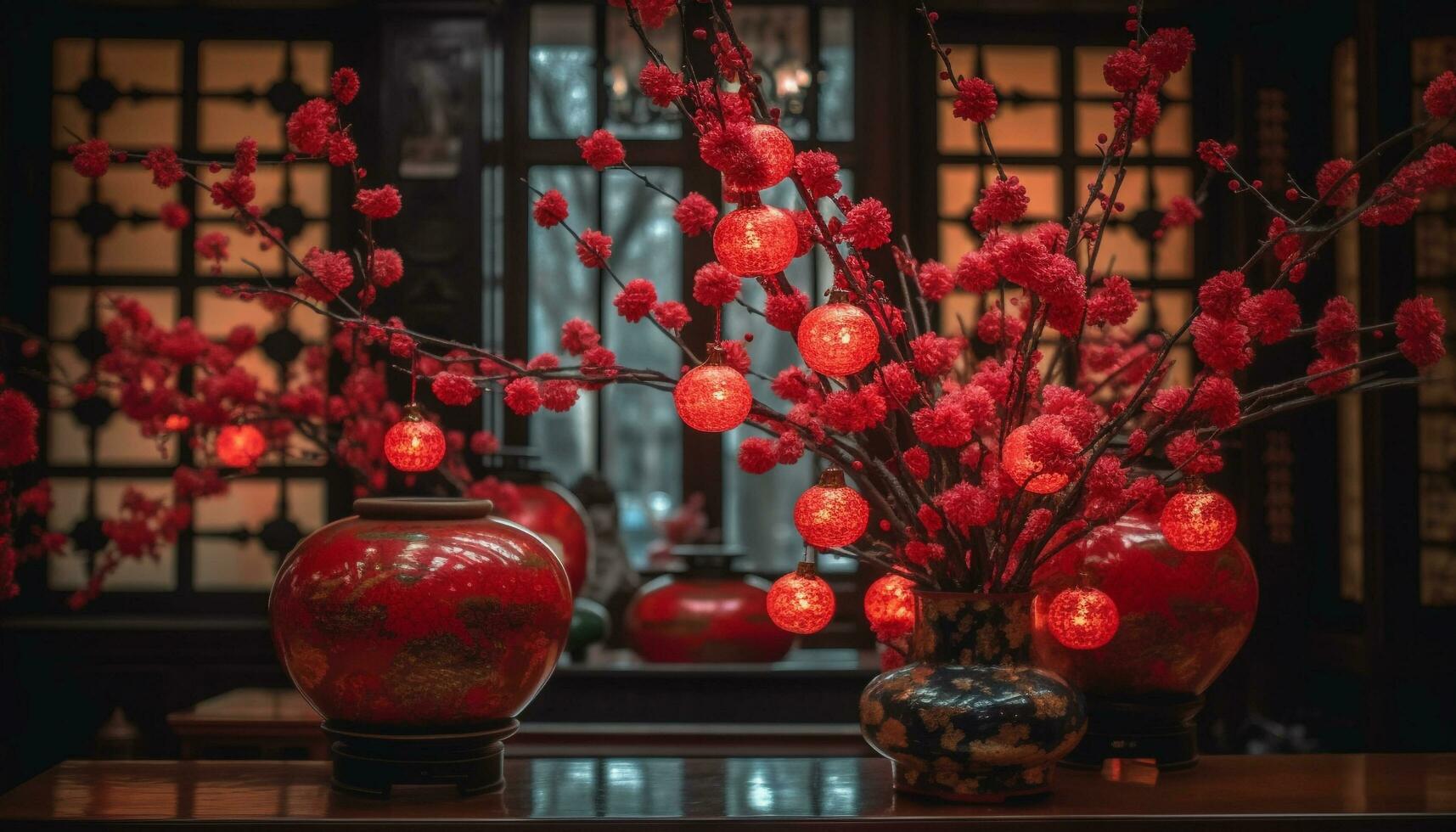 Ornate lantern illuminates traditional winter celebration with Chinese culture decor generated by AI photo
