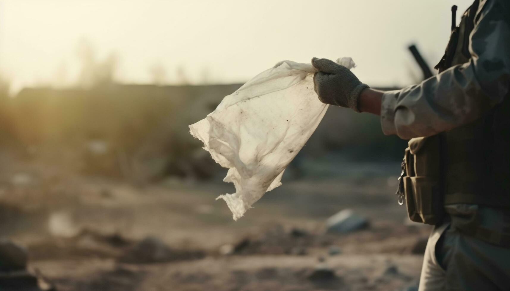 One person, a caucasian male, holding a weapon in war generated by AI photo