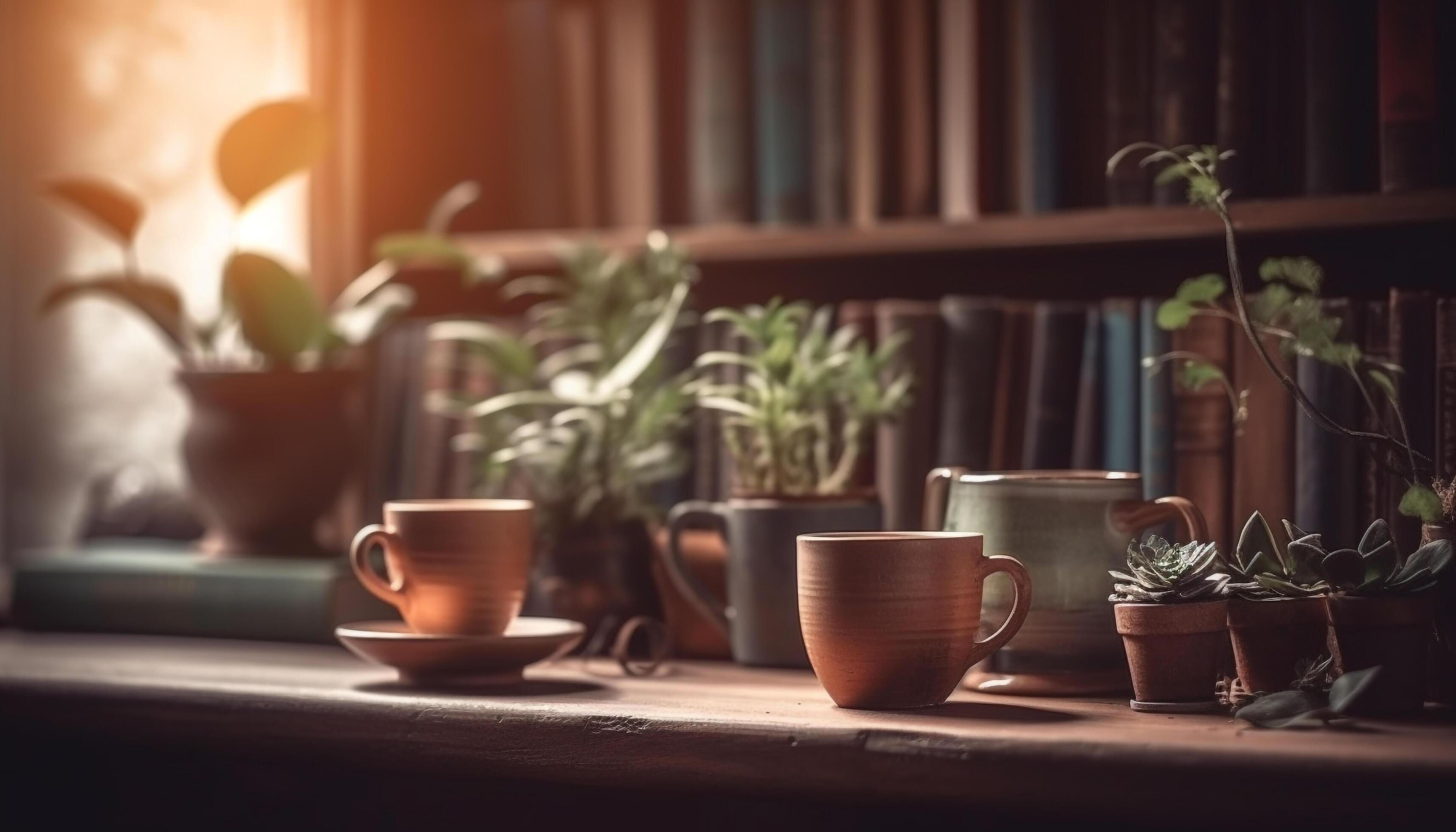 A rustic bookshelf with potted plants and a coffee mug generated by AI