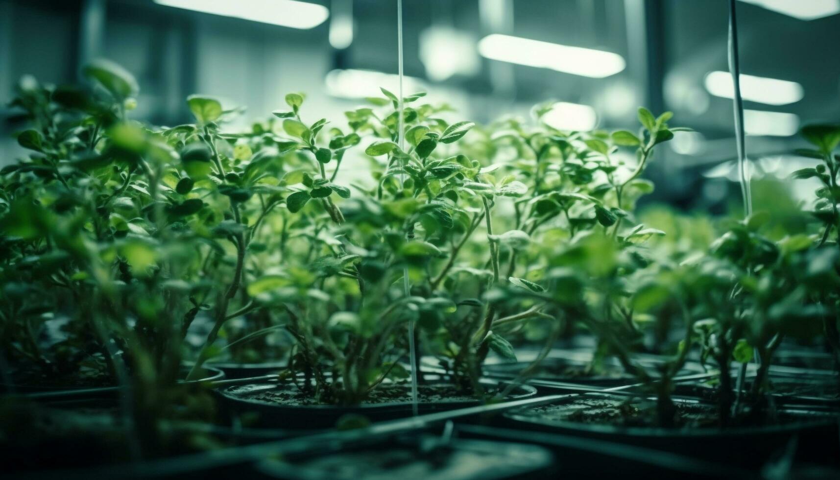 New life sprouts in row of wet seedlings for salad generated by AI photo