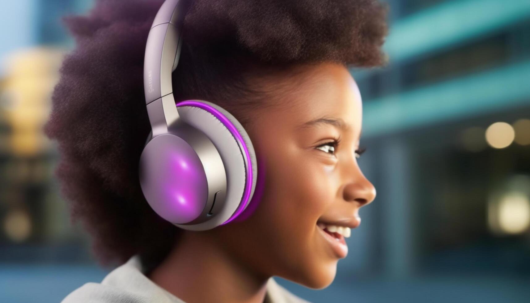 One person, smiling and cheerful, listening to headphones outdoors generated by AI photo