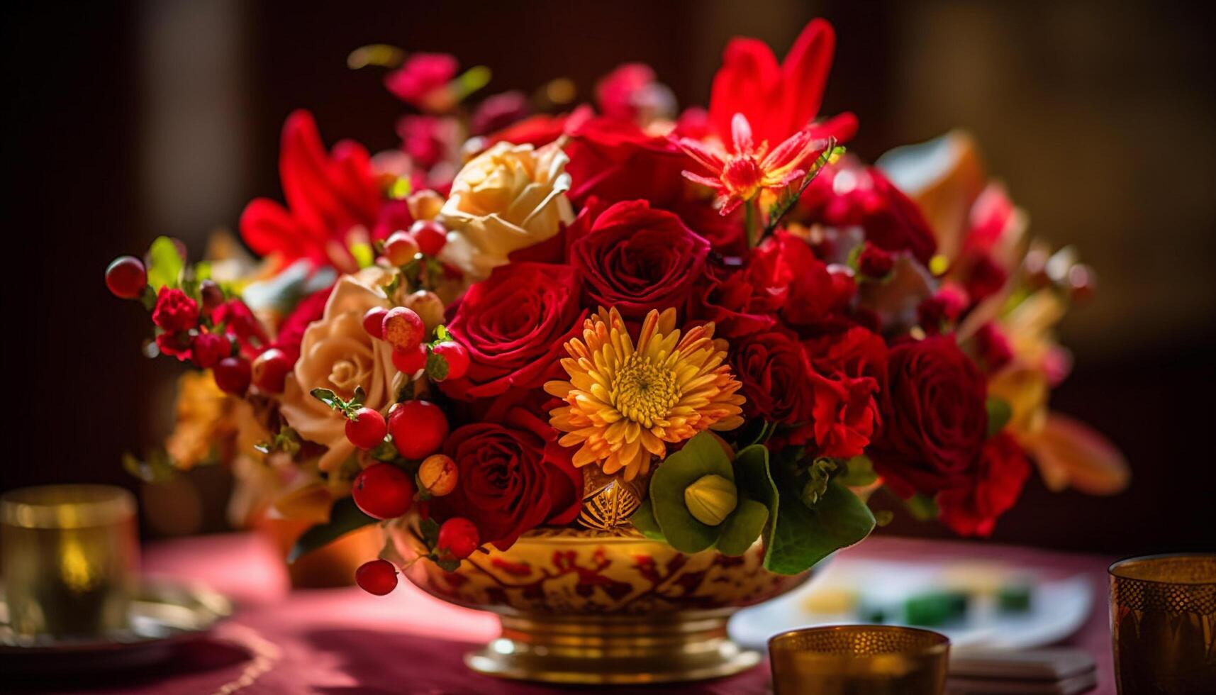 A luxurious bouquet of multi colored flowers adds elegance to celebration generated by AI photo