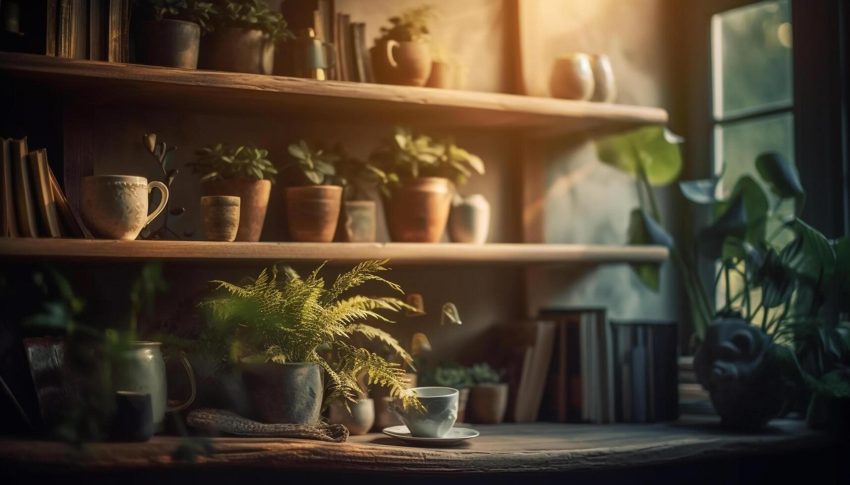 A rustic flower pot on a wooden shelf brings freshness indoors generated by AI photo